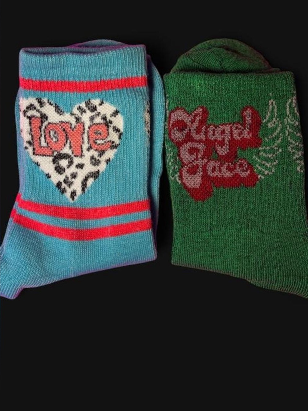 2-Pack Cute Blue & Green Multicolor Graphic Socks, Love & Angel Face Design
